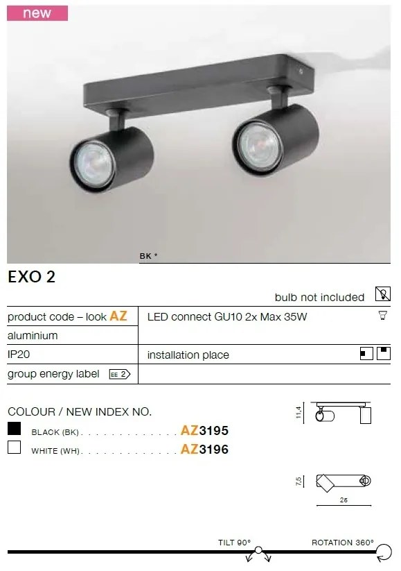 Plafoniera cu 2 spoturi directionabile de tavan/plafon EXO 2 neagra ZZ AZ3195
