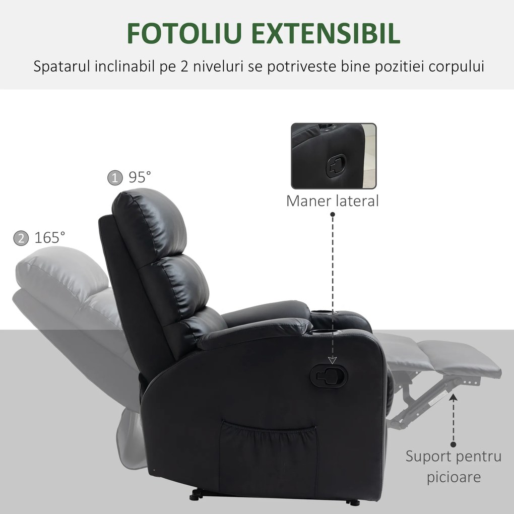 HOMCOM Fotoliu de relaxare rabatabil cu suport pentru picioare reglabil acoperit sintetic, negru, 79x89x100cm