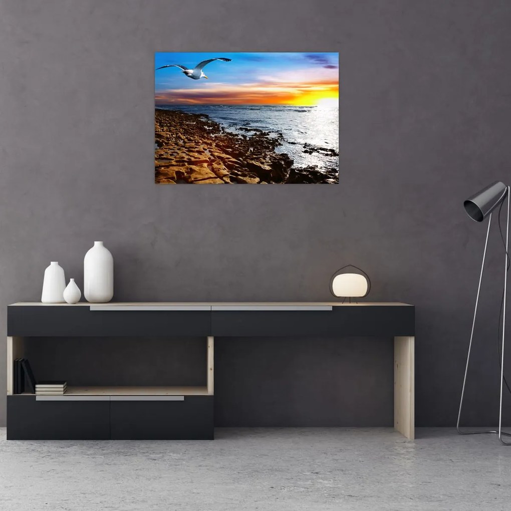Tablou pe sticlă - Pescărușul zboară deasupra coastei (70x50 cm)