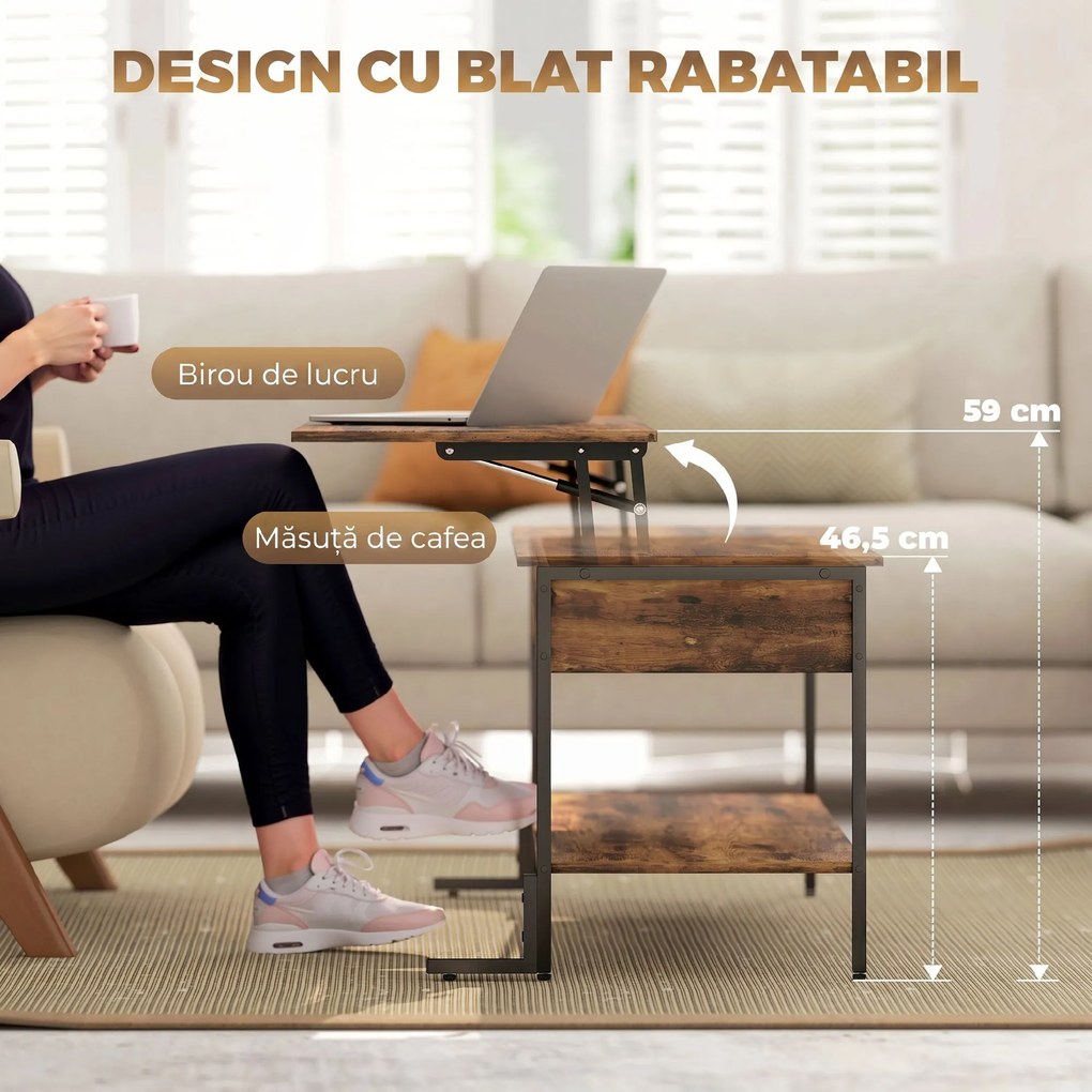 HOMCOM Măsuță de Cafea Ridicabilă cu Compartiment Ascuns și Raft, Maro | Aosom Romania