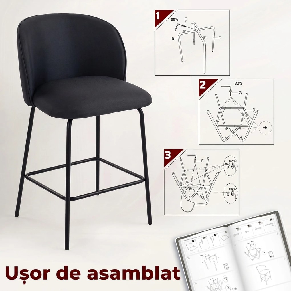 HOMCOM Set 2 scaune de bar cu spătar și suport pentru picioare, tapițerie textilă și picioare din oțel, negru | Aosom Romania