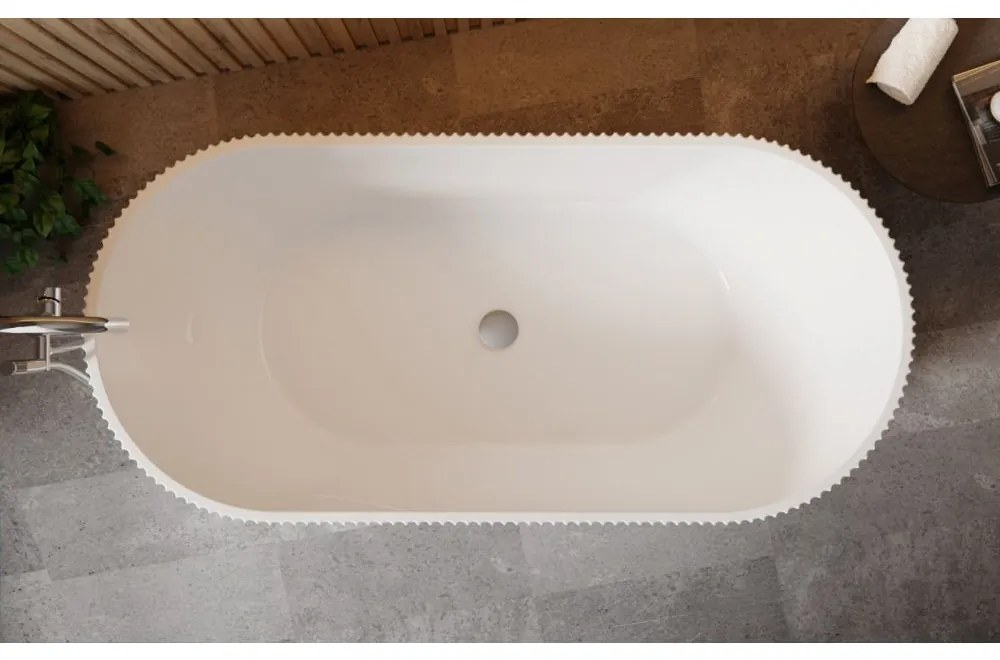 Cada baie freestanding cu riflaje 3D, dimensiune 170 x 75 cm, alb lucios, Scarlet Foglia Alb