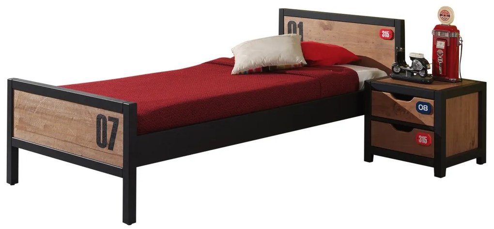 Set Mobilier Cameră Copii ALEX, 2 Piese, Pat 90x200 cm, Somieră Inclusă, Pin Masiv și Metal Negru – Vipack