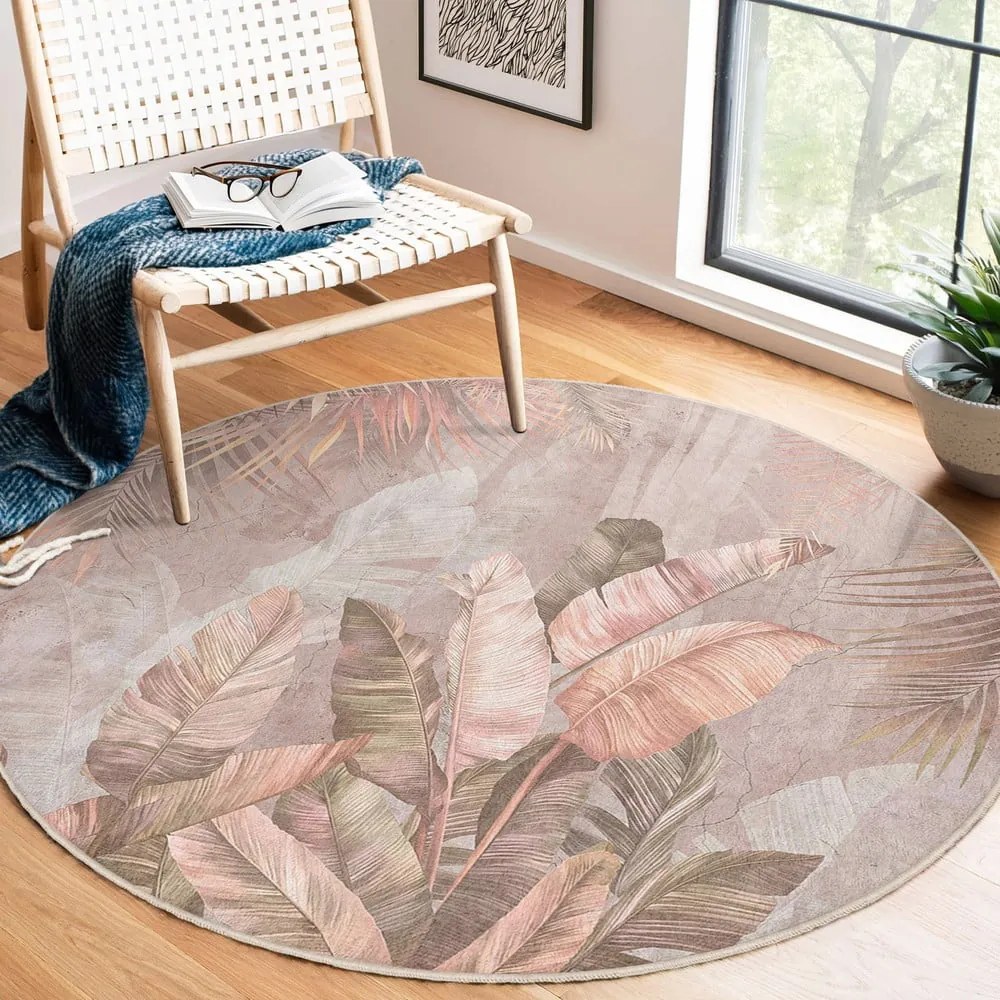 Covor roz deschis lavabil rotund ø 100 cm Dusty Leaves – Mila Home