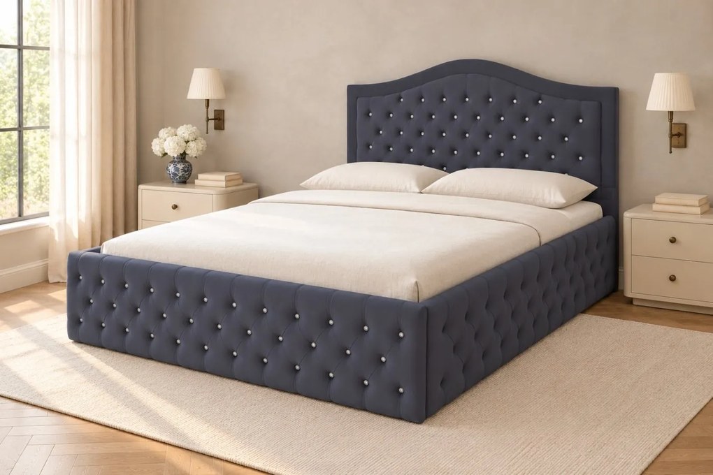 Pat tapițat Chesterfield din catifea Solaria Deluxe Cristal 180×200 cm, gri închis, cu ladă de depozitare