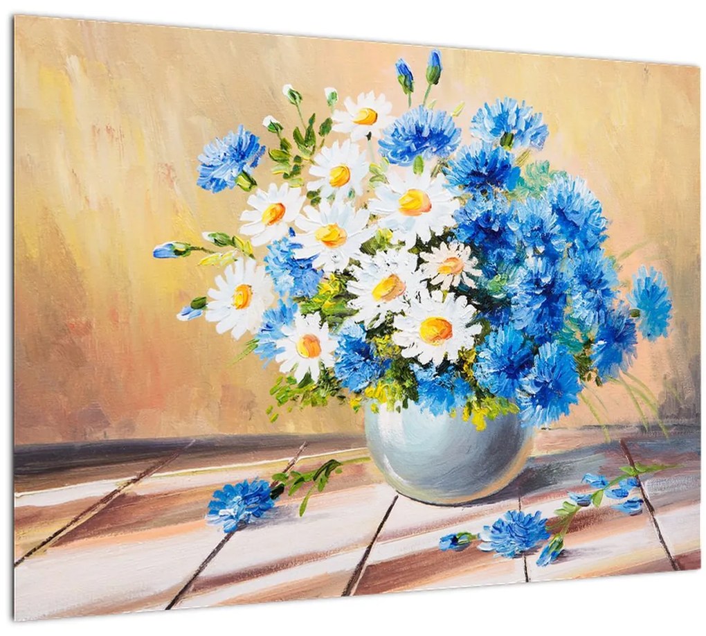 Tablou pe sticlă pictat cu vaza și flori (70x50 cm)