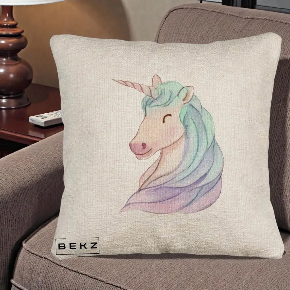 Perna Decorativa Unicorn Acuarela Pastel, 40x40 cm, Bej Canapea, Husa Detasabila, Perna Inclusa, BEKZ®