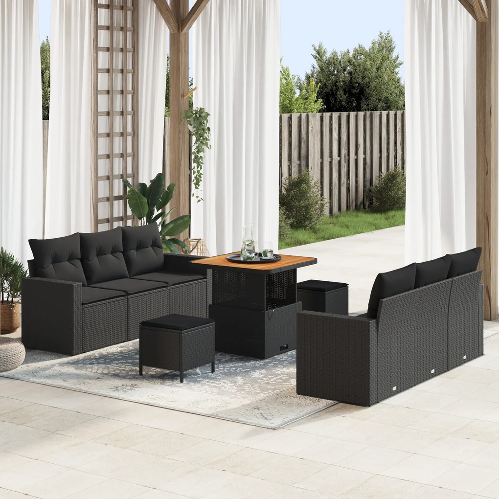 vidaXL Set de canapea de grădină , 9 piese, cu perne, Negru, din ratan plastic și acacia