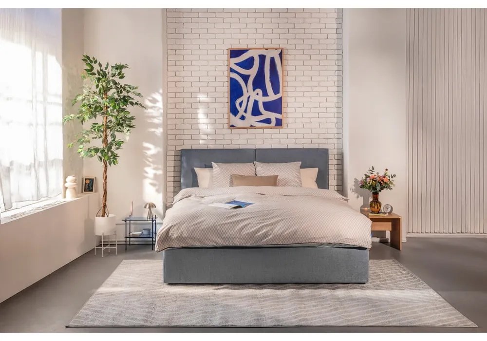 Pat dublu tapițat albastru cu spațiu de depozitare cu saltea/ grătar 180x200 cm Thessa Bold - Bonami Selection