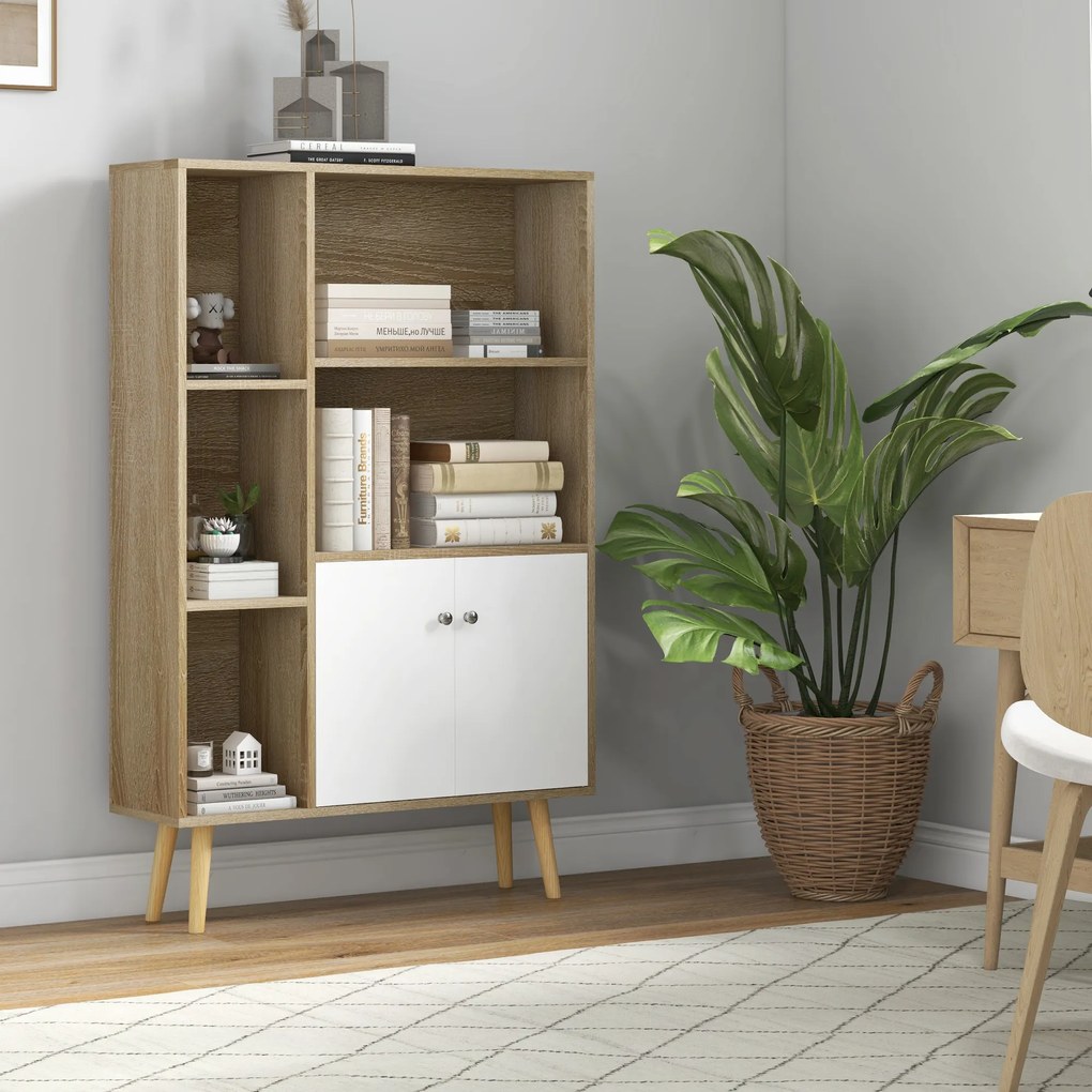 HOMCOM Bibliotecă scandinavă mobilier de depozitare dim. 80L x 23,5l x 123H cm 5 nișe ușă placard 2 picioare subțiri inclinate | Aosom Romania