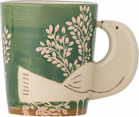 Cană din ceramică verde cu decor floral roz pictat manual, mâner în formă de cap de pasăre, 8x9 cm, "Hezha"