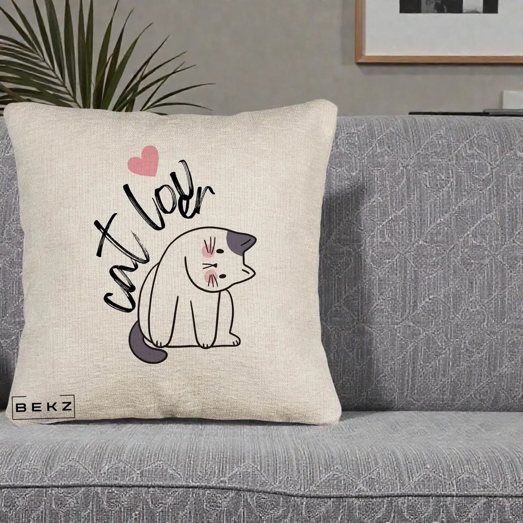 Perna Personalizata Cat Lover Pisica Ilustratie Linie, 40x40 cm, Bej Canapea, Husa Detasabila, Perna Inclusa, BEKZ®