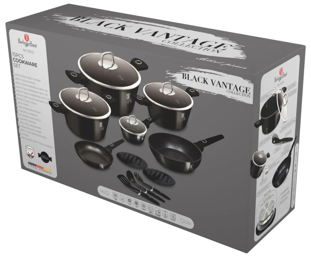 Set oale si tigai cu capace, 15 piese Black Vantage Berlinger Haus BH 8232, antiaderente, inductie, negru, design premium