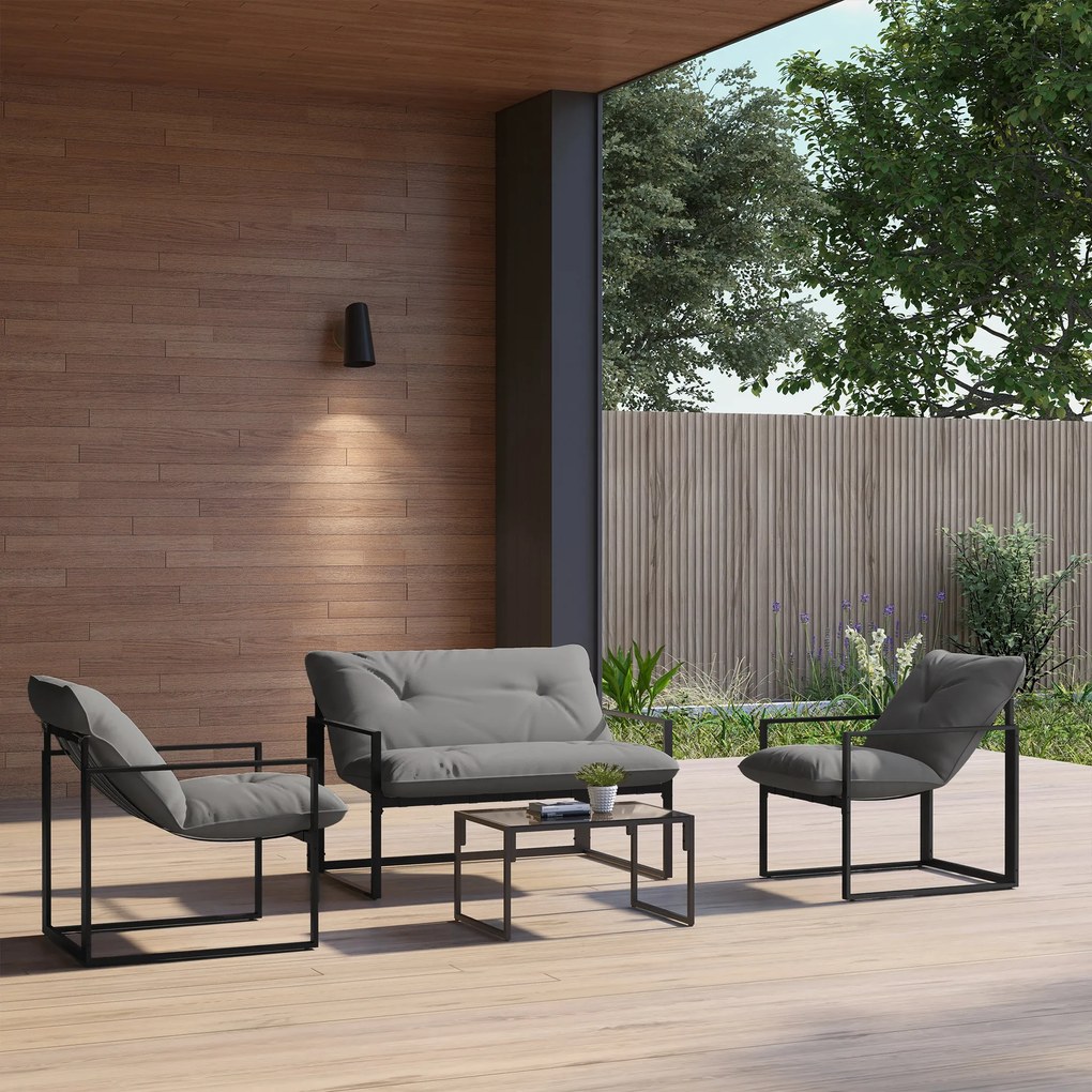 Outsunny Set Mobilier de Exterior cu Măsuță din Sticlă, Canapea, 2 Fotolii și Perne, Gri | Aosom Romania