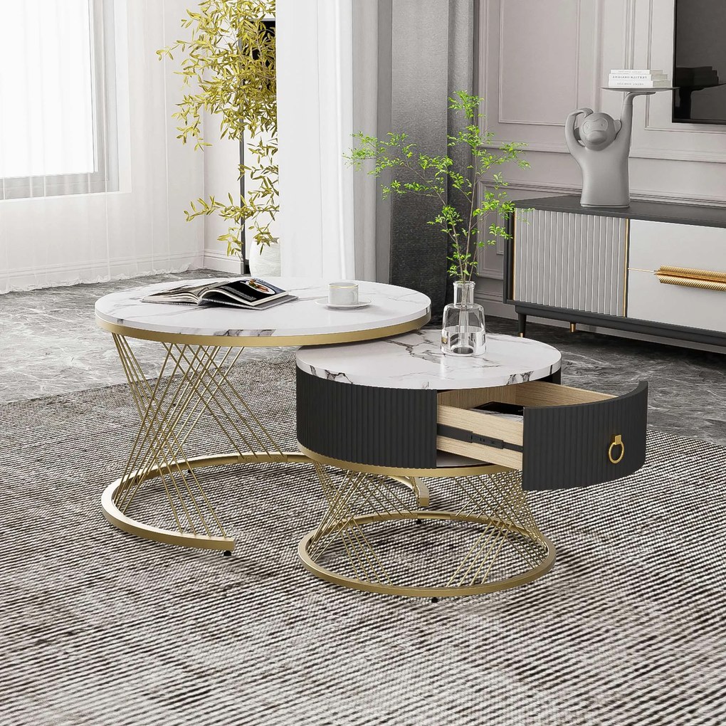 Set de 2 Măsuțe de Cafea Moderne Modulare din Marmură Sintetică cu Detalii Aurii și Sertare, Dimensiuni 70x70x45 cm și 50x50x40 cm, Alb