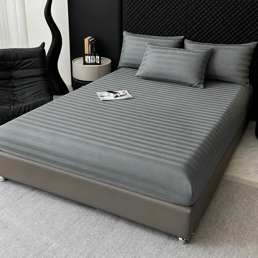 Lenjerie Premium Damasc, bumbac 100%, 6 piese, pat 2 persoane, olive gri