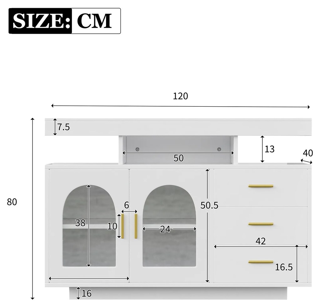 Comodă cu LED, Dulap pentru Cafea și Comodă cu Sertare, Luminos cu 16 Culori, pentru Living și Sala de Mese, 120x40x80 cm, Alb
