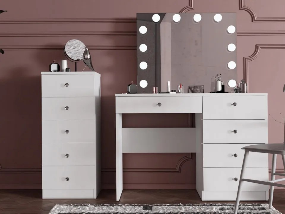 Masuta machiaj cu Oglinda LED si 5 Sertare pentru Cosmetice, Set Masa toaleta 110 cm, Alb, masuta cosmetica, vanity - SEA533