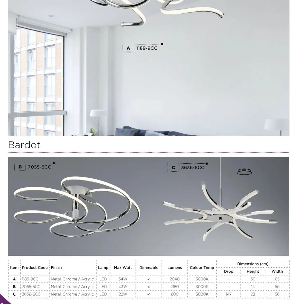 Lustra LED aplicata design modern 56cm Bardot 43W 7055-5CC SRT