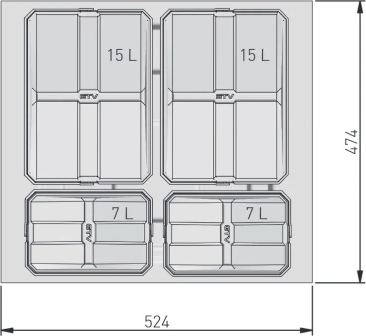 Cos gunoi incorporabil in sertar, GTV Axispace, colectare selectiva, pentru corp de 600 mm, gri antracit, 2 x 15 l + 2 x 7 l Plastic, Gri antracit,