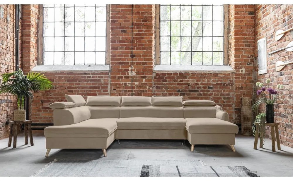 Colțar bej extensibil cu tapițerie din catifea (cu colț pe partea stângă /în formă de "U") Sweet Harmony – Miuform