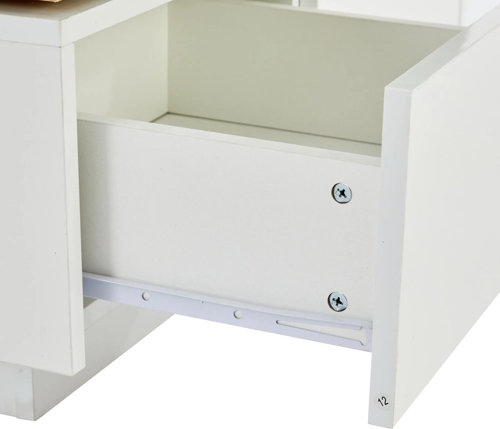 Măsuță de cafea modernă cu finisaj lucios, cu blaturi de masă glisante și 4 sertare, 75x75x33 cm, Alb