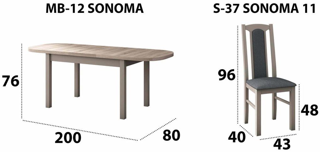 Set masa extensibila 160x200cm cu 6 scaune tapitate, MB-12 Venus1 si S-37 Boss7 S11, sonoma, lemn masiv de fag, stofa