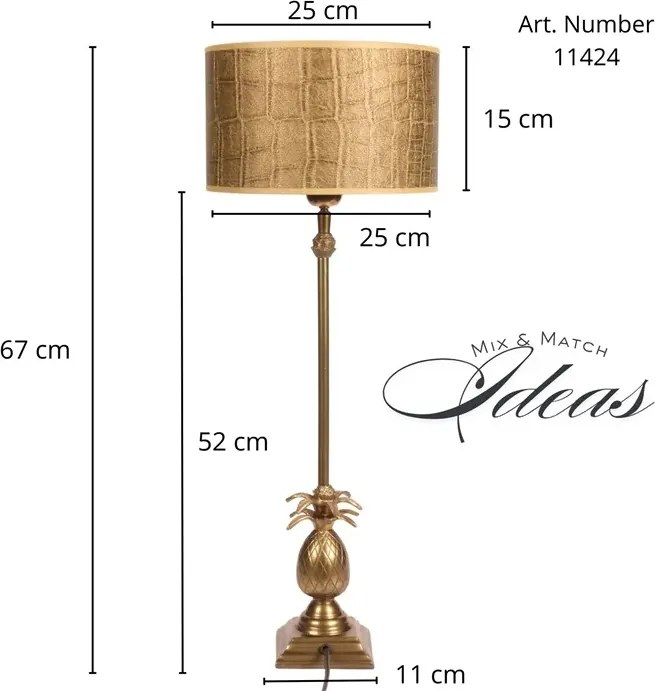 Bază pentru lampă de masă din aluminiu, auriu, cu picior înalt și ananas sculptat, bază pătrată, finisaj antichizat, 56 x 11 cm, „Lutèce”