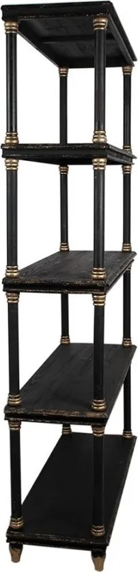 Bibliotecă vintage din lemn masiv, negru, cu 4 rafturi deschise și coloane strunjite cu inele aurii, 210 x 110 x 40 cm, „Noire”