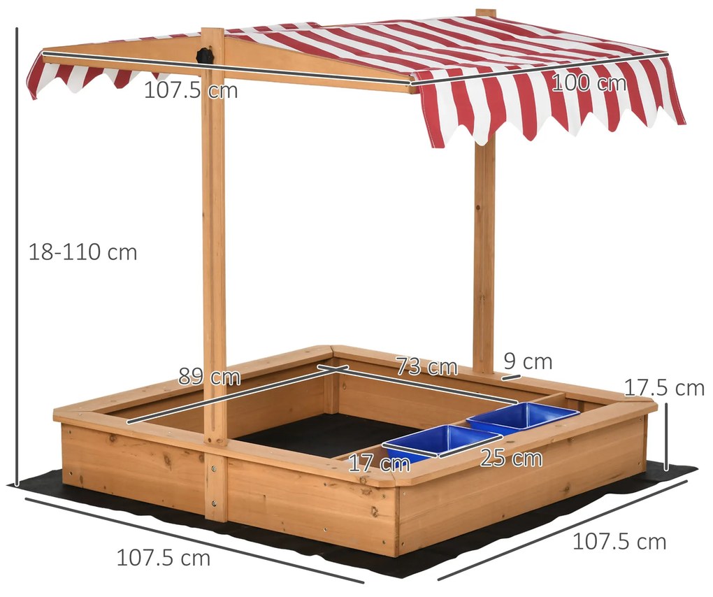 Outsunny Nisipar din Lemn pentru Copii cu Copertina Reglabila in Inaltime, 107.5x107.5x110cm | Aosom Romania