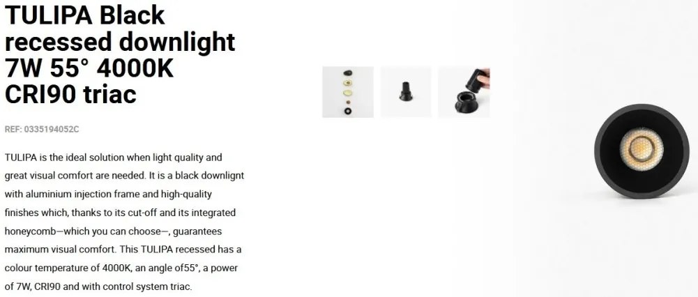 Spot LED incastrabil TULIPA Black recessed downlight 7W 55° 4000K CRI90 triac