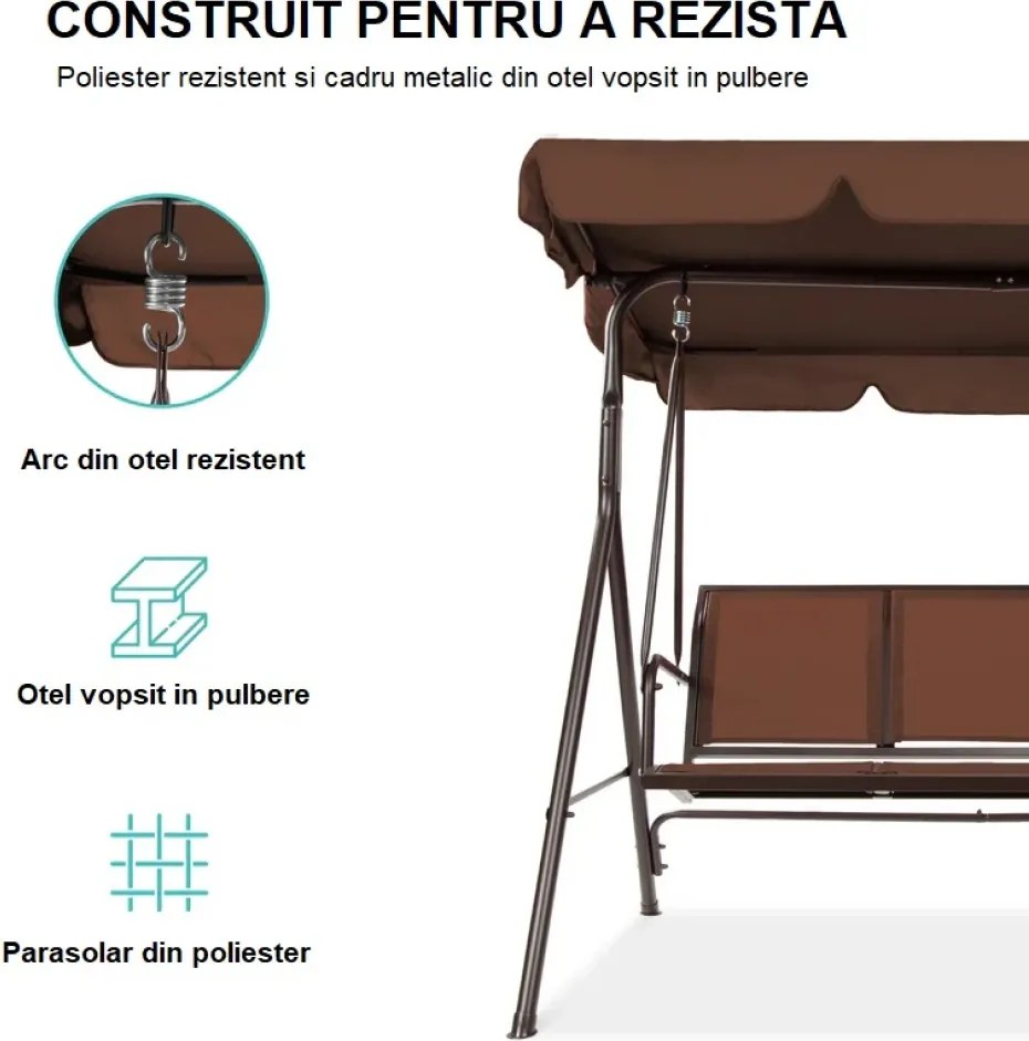 Balansoar de grădină, 3 locuri, cu baldachin și cadru din oțel, Maro