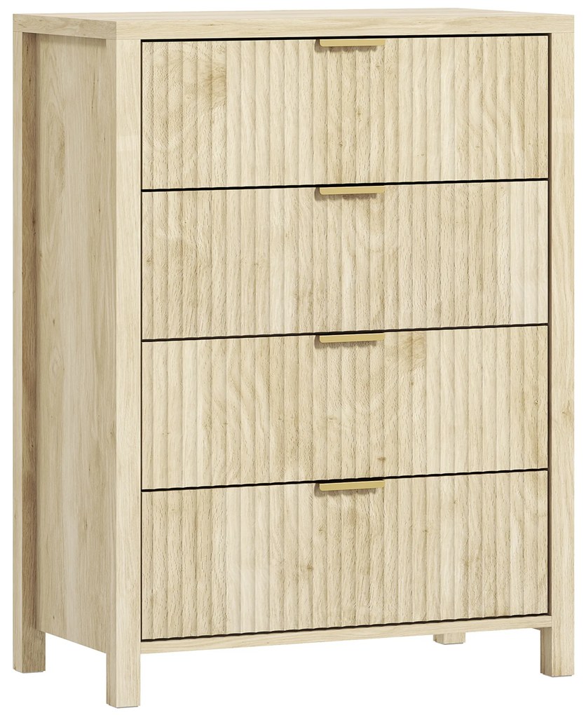 HOMCOM Comodă pentru Dormitor cu 4 Sertare Canelate, Comodă din Lemn cu Mânere Aurii, pentru Sufragerie, Sala de Mese și Hol, 70x38x93 cm, Lemn Natural | Aosom Romania