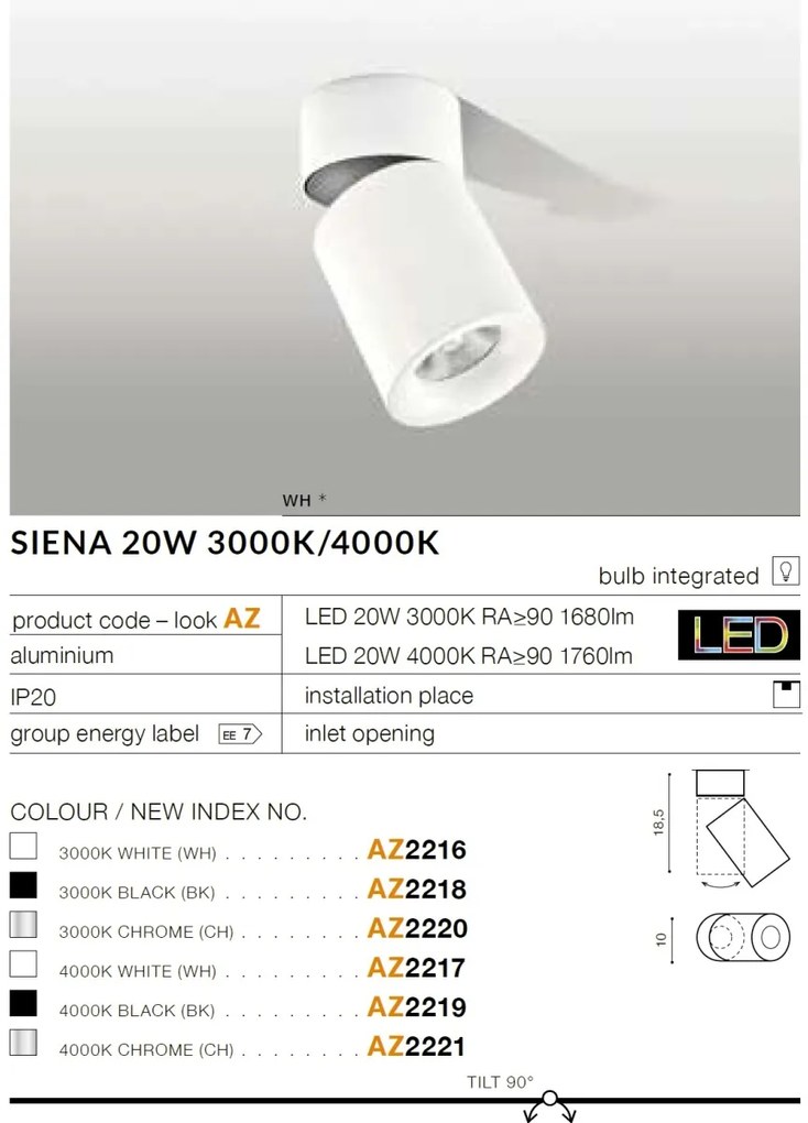 Spot LED aplicat, directionabil pentru tavan/plafon SIENA 20W 4000K crom