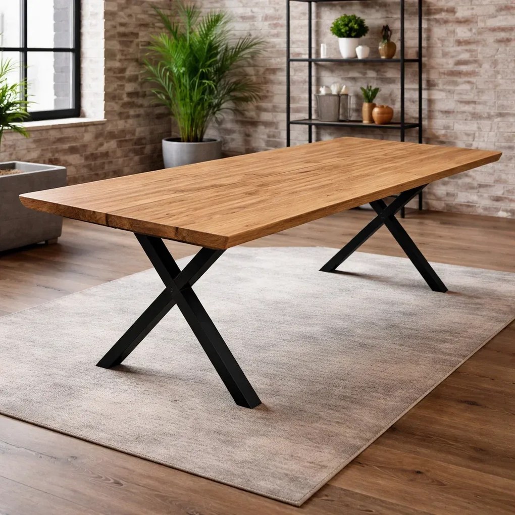 Masa Farris din stejar masiv 300x100 cm, 8-12 persoane, picioare metalice in X