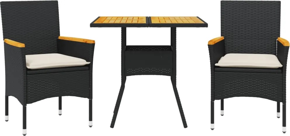 vidaXL Set mobilier grădină perne 3 piese negru poliratan/lemn acacia