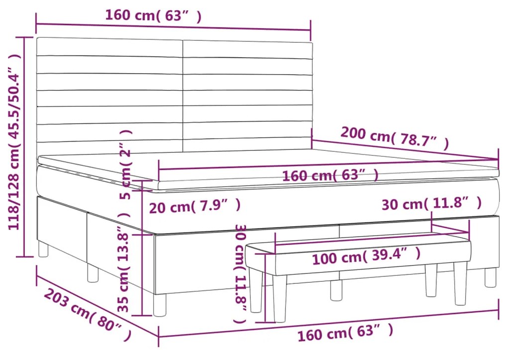 Pat box spring cu saltea, gri inchis, 160x200 cm, catifea Morke gra, 160 x 200 cm, Benzi orizontale