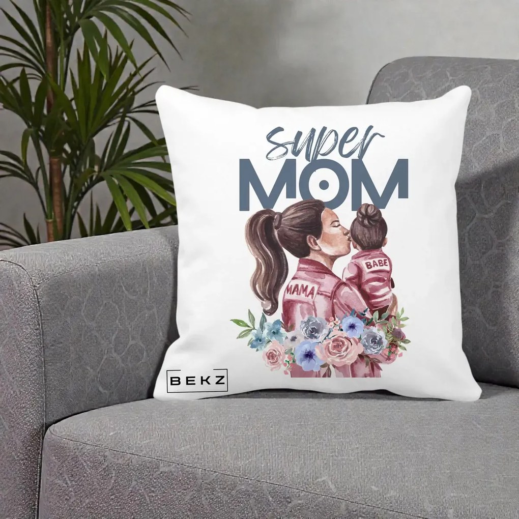 Cadou pentru Mama - Perna Personalizata Super Mom Mama cu Bebelusul, 40x40 cm, Alba Mata, Husa Detasabila, Perna Inclusa, BEKZ®