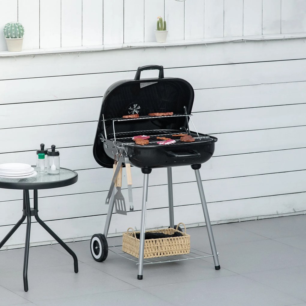 Outsunny Barbecue cu cărbune BBQ cu 2 roți, ustensile, capac și raft dim. 56L x 62l x 82H cm, metal emailat negru | Aosom Romania
