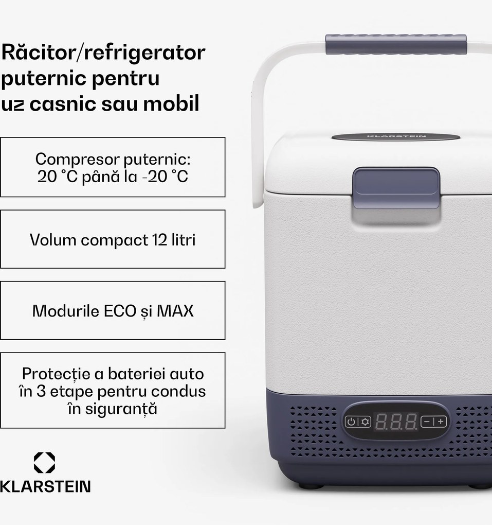 Klarstein Răcitor SwiftFrost 12L, 12V-24V/230V, până la -20 °C, compresor, 2 niveluri de putere, Afișaj LED