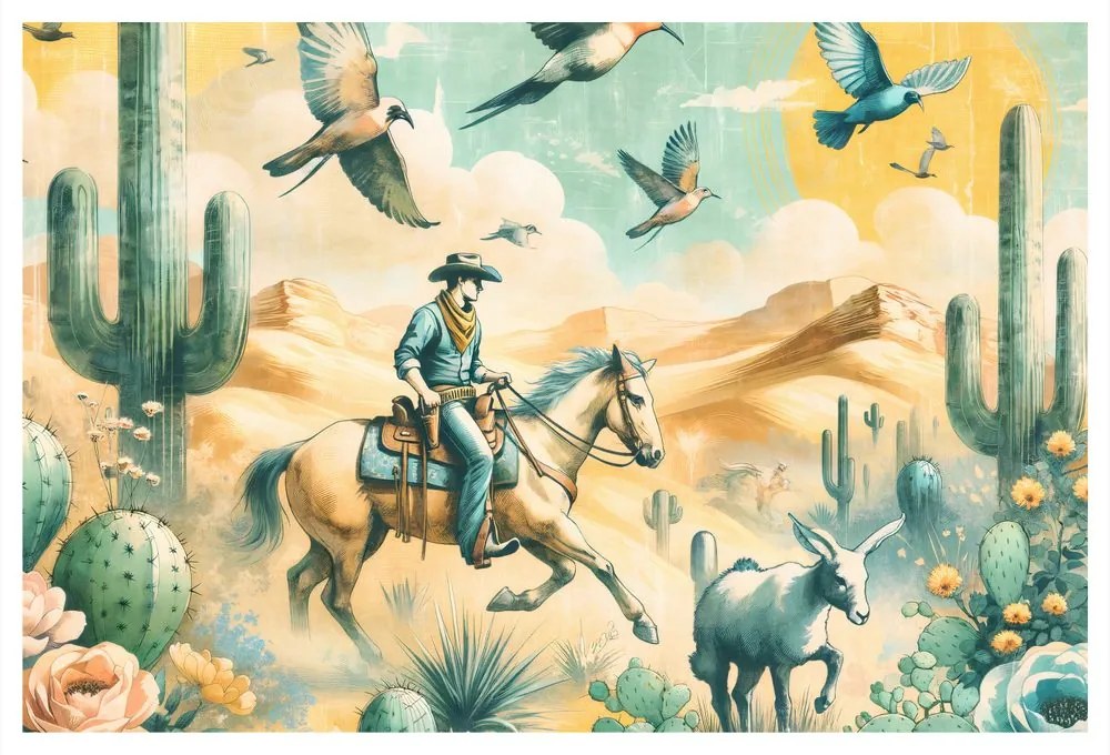 Tablou cowboy în peisaj deșertic