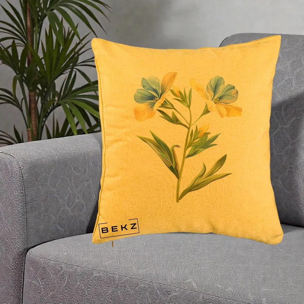 Perna Decorativa Botanica Frezie Galbena si Albastra, 40x40 cm, Galben, Husa Detasabila, Perna Inclusa, BEKZ®