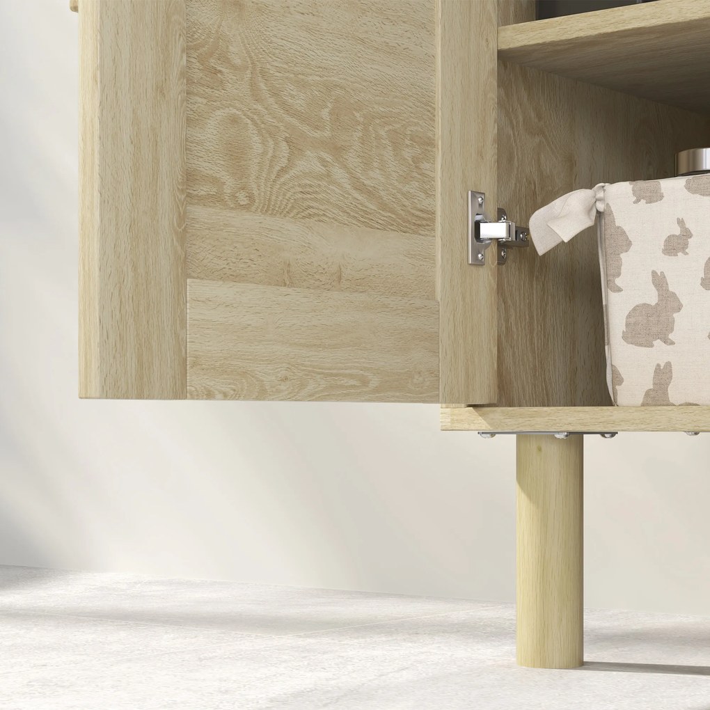 HOMCOM Mobila baie sub chiuveta mobilier sub chiuveta usi din rachita picioare din lemn de pin 2 nivele 60 x 30 x 60 cm stejar | Aosom Romania
