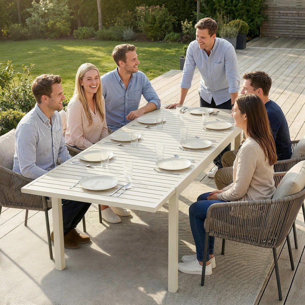 Outsunny Masă de Grădină Extensibilă pentru 6-8 Persoane, din Aluminiu cu Blat cu Lamele, Alb | Aosom Romania