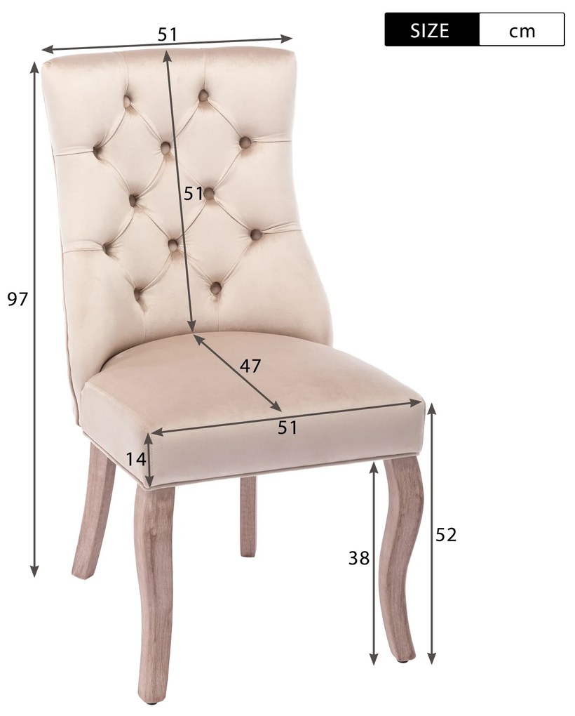 Set de 2 scaune tapițate pentru sufragerie din catifea cu spătar înalt matlasat cu nasturi, 51x47x97 cm, Bej