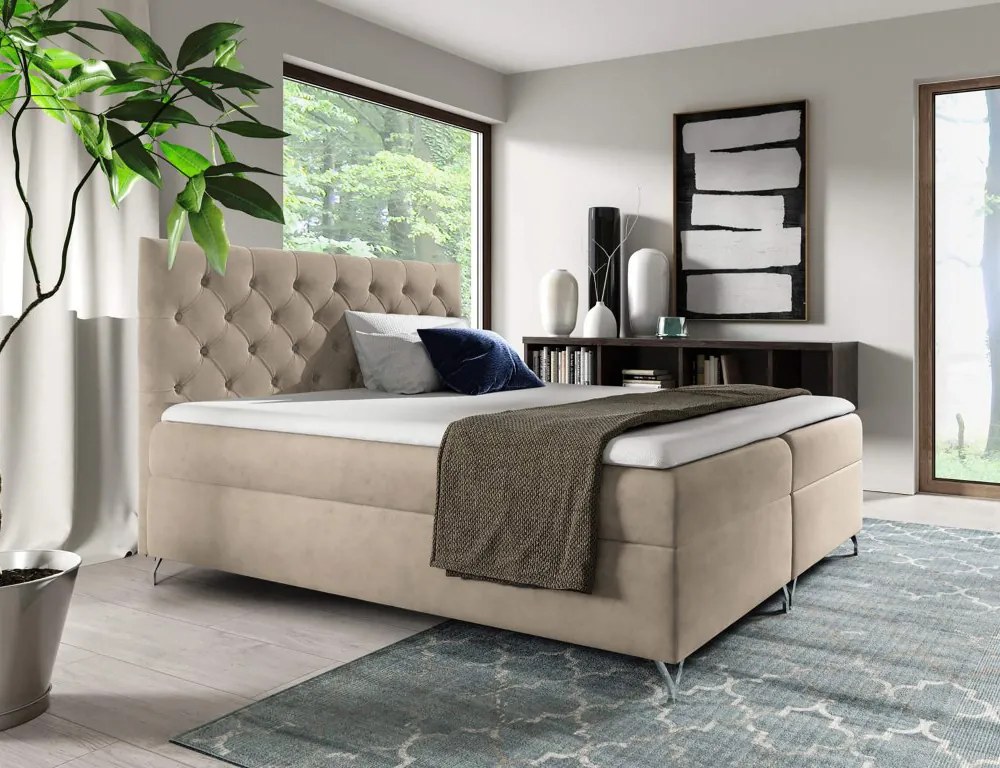 Pat cu boxspring, 200x200, ţesătură bej catifea, GULIETTE + cadou