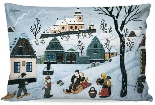 Matějovský Față de pernă Deluxe Josef Lada Copii cu sanie, 33 x 50 cm