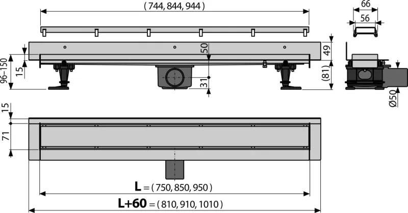 Rigola dus faiantabila cu capac doua fete si sifon iesire laterala 850 mm Alcadrain APZ23-DOUBLE9-850 850 mm