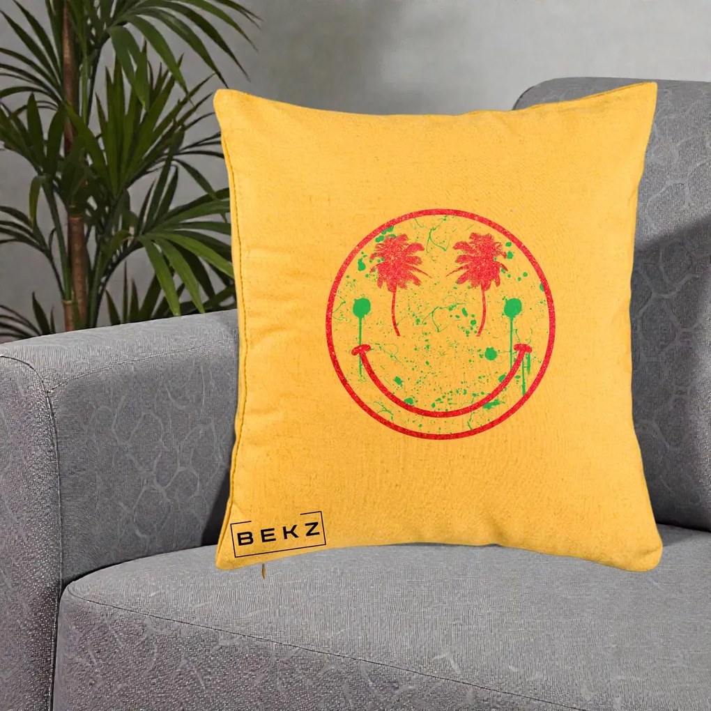 Perna Decorativa Smiley Face Tropical Glitter Roz, 40x40 cm, Galben, Husa Detasabila, Perna Inclusa, BEKZ®