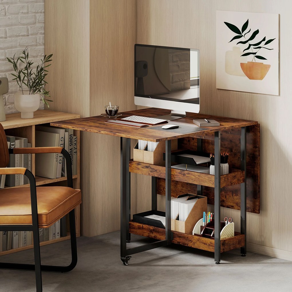 HOMCOM Masă de Dining Extensibilă în stil industrial, pentru până la 4 persoane, rafturi deschise, flexibilă, Metal, Placă de melamină, Maroniu | Aosom Romania